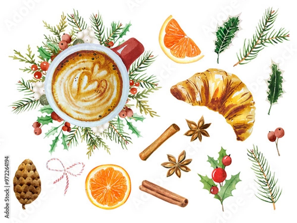 Fototapeta Watercolor winter cup of coffee. Cozy hot drink in Christmas mug for celebration mood. Winter greenery decoration with red berry and spruce branches
