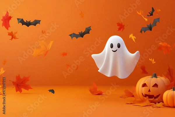 Fototapeta Minimalistic Halloween background with a ghost, pumpkin, bats and autumn leaves on orange back