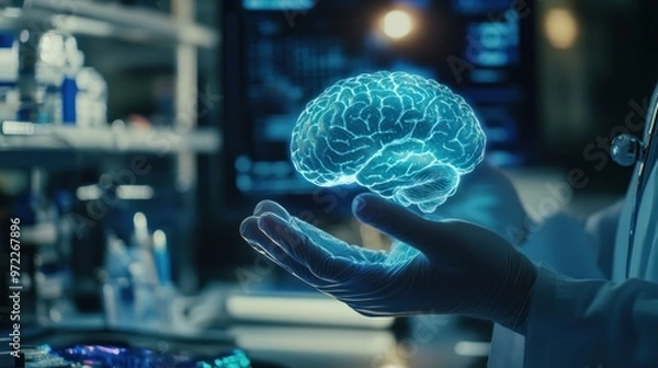 Fototapeta A scientist holds a glowing brain model, symbolizing research in neuroscience and technology.