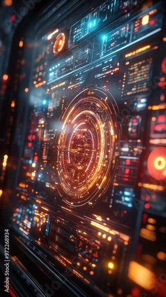 Fototapeta Futuristic control panel with glowing interfaces and intricate designs.