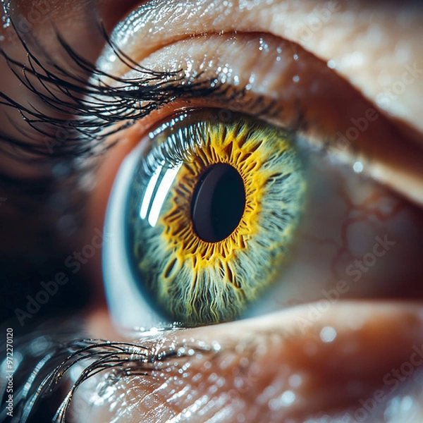 Obraz female green eye close up extreme macro,iris contracts.HD real time extreme close up shot of the wide open human eye of a female.The iris is contracting.