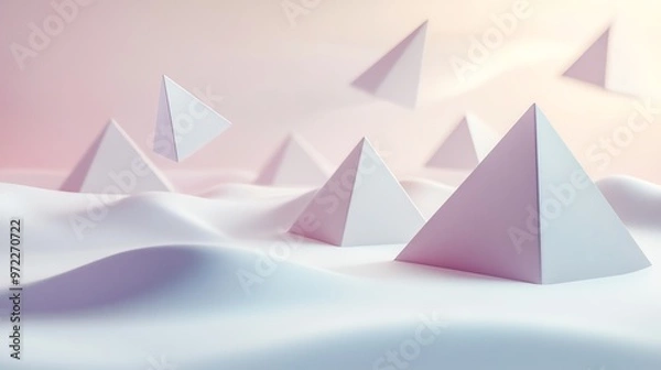 Obraz Abstract 3D rendering of white pyramids on a white wavy surface.