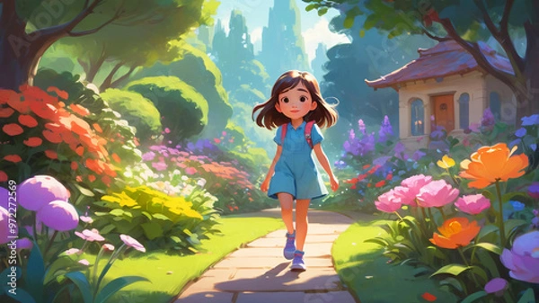 Fototapeta A child walks on a path lined with vibrant flowers, enjoying the scenic, lush surroundings on a sunny day.