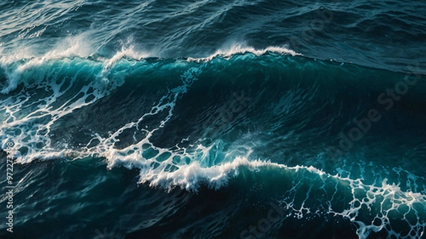Fototapeta A powerful ocean wave crashes on the deep blue sea, showcasing the ocean's strength and dynamic nature in a vivid scene.