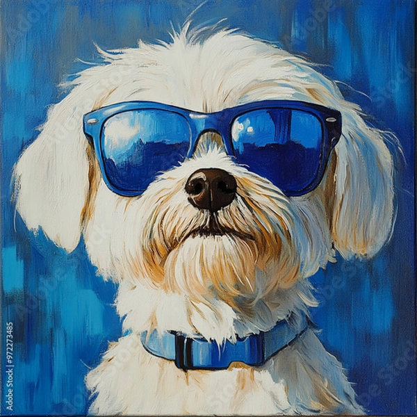 Obraz A creative painting of a dog in sunglasses on a blue background