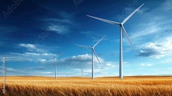 Fototapeta Wind turbines in a golden wheat field under a blue sky with white clouds.