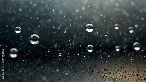 Fototapeta Close-up of clear droplets on a surface, showcasing their delicate nature with a dark, blurry background.
