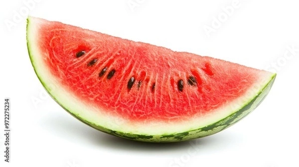 Fototapeta A vibrant slice of watermelon with juicy red flesh and green rind, isolated on a clean white background