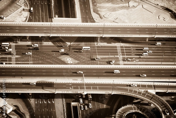 Fototapeta Top view of highway interchange in Dubai, UAE