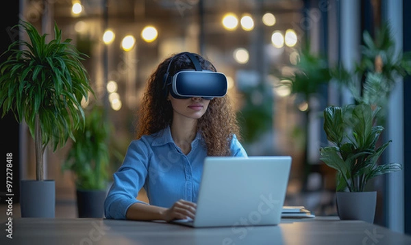 Fototapeta Woman using VR headset, interacting with invisible interface in modern office with laptop
