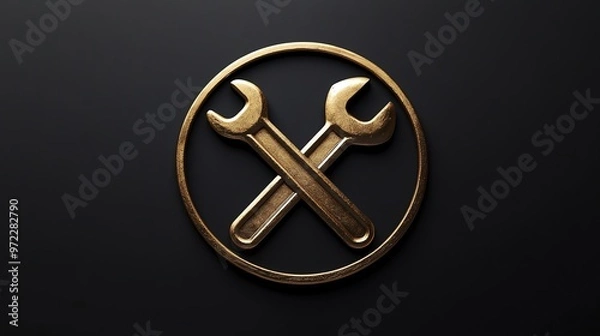 Fototapeta Golden wrench symbol in a circle on a black background.