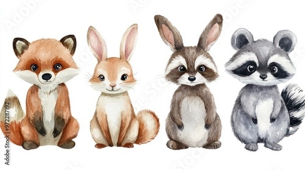 Fototapeta A charming illustration of four adorable woodland animals: a fox, a rabbit, a raccoon, and a bunny, each with distinct expressions.