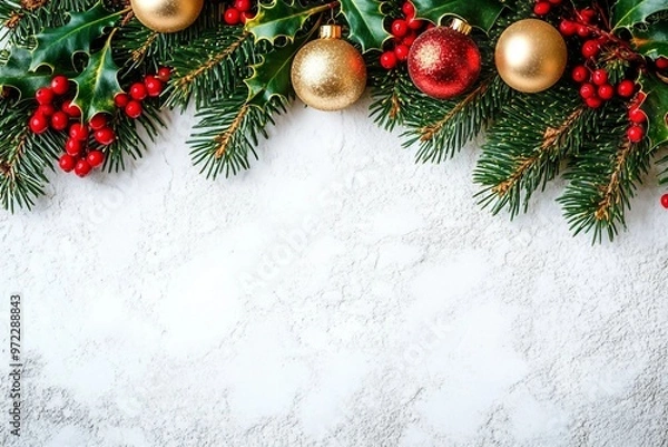 Fototapeta Twigs of Christmas tree decorated bows, balls and holly berries on white stone background. Christmas background, copy space.