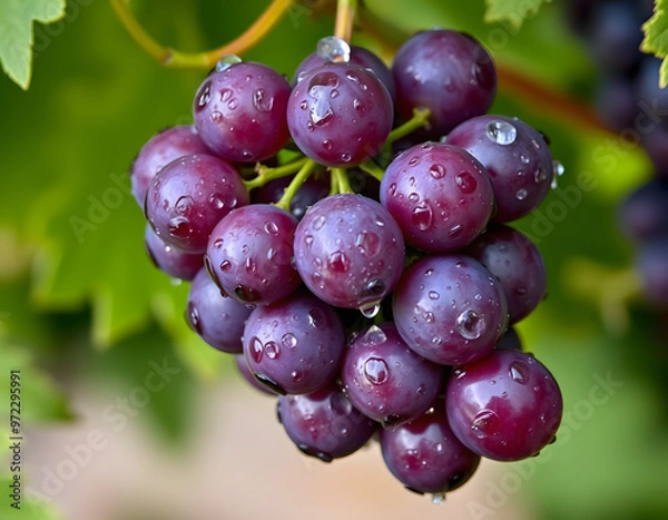 Fototapeta A single bunch of purple grapes, covered in fine dew.