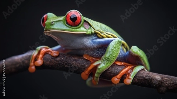 Fototapeta A vibrant green tree frog with bright red eyes perched on a branch, showcasing its striking colors and intricate details.