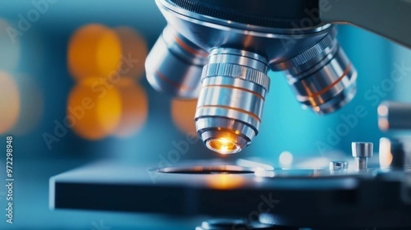 Fototapeta Microscope in Focus, highlighting precision and clarity, surrounded by a blurred background to emphasize the importance of detailed observation and scientific exploration.