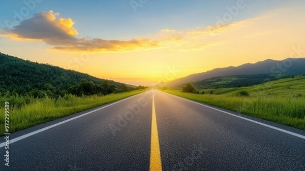 Obraz A tranquil sunset over a long road, surrounded by lush green hills and open fields, perfect for travel and nature themes.