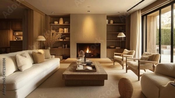 Fototapeta Cozy living room with neutral tones, wooden furniture, and soft lighting, centered around a modern fireplace.