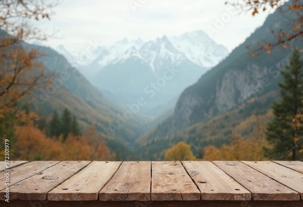 Fototapeta Empty wooden tabletop providing a place to showcase in mountain background