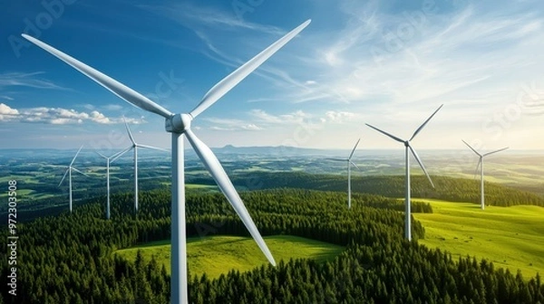 Fototapeta Aerial view of wind turbines in a lush green landscape under a bright blue sky.