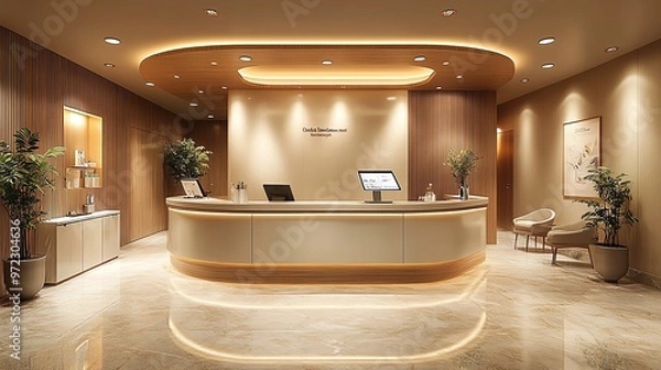 Fototapeta Modern and elegant reception area with a curved reception desk and warm lighting.