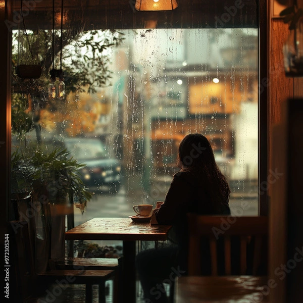 Fototapeta A woman sits at a table in a cafe, looking out the window at the rain