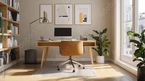 Fototapeta Minimalist home office setup with clean lines, a large desk, modern decor, and natural light streaming through a window.