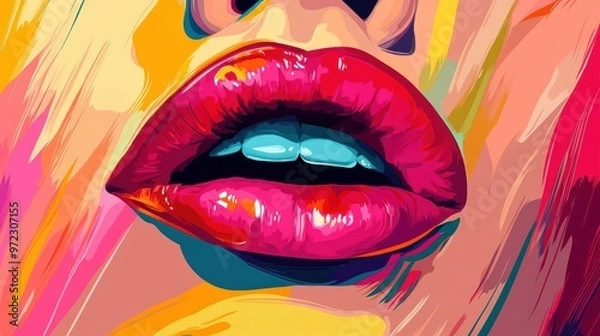 Fototapeta Close-up of vivid, painted lips with a colorful and artistic background, showcasing bold hues and glossy texture.