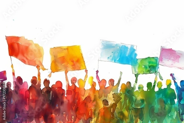 Fototapeta Crowd of people with banners and placards, public rally, democratic protest. Watercolor illustration.