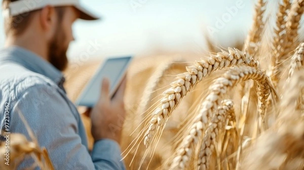 Fototapeta Farmer managing harvest with tablet and cell phone in ripened grain field, Alcomdale, Alberta, Canada, showcasing modern agriculture and technology integration.