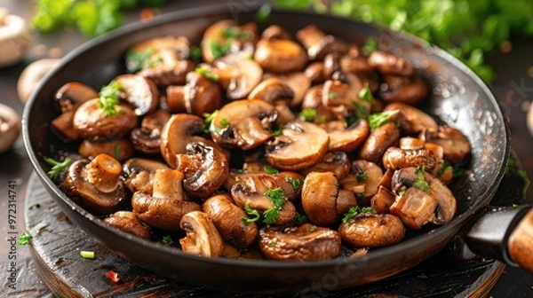 Fototapeta Close-up of sautéed mushrooms in a pan. The image shows fresh, cooked mushrooms, perfect for illustrating a recipe or healthy eating.