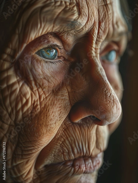 Fototapeta A Lifetime of Stories: A close-up portrait of an elderly woman with striking blue eyes, her weathered skin tells a tale of resilience and experience, capturing the beauty and wisdom of age. 