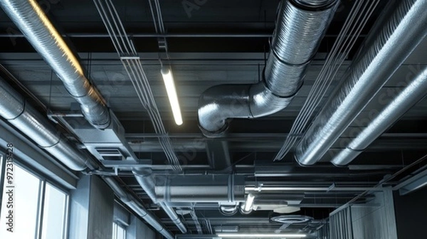 Fototapeta Industrial ceiling with exposed pipes and lighting in a modern interior space.