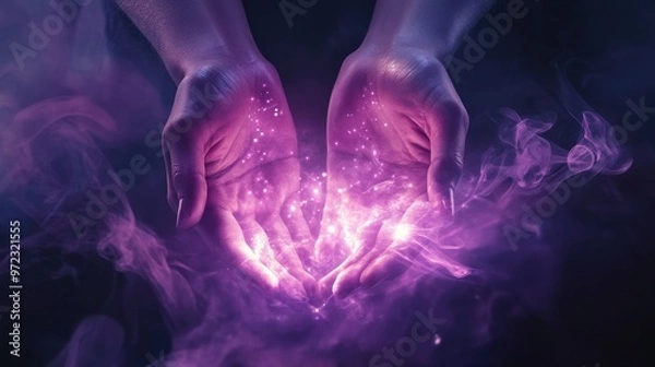 Fototapeta Two hands cupped together, with a soft purple light emanating from the center of the hands, surrounded by wispy smoke.
