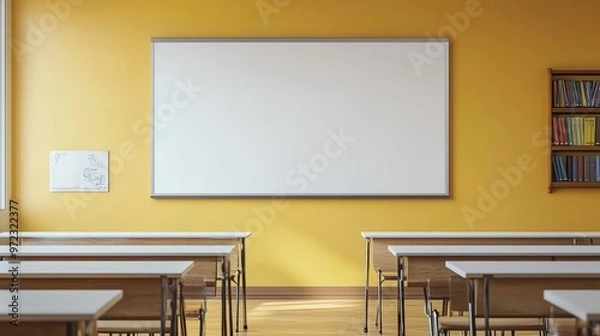 Fototapeta Empty Classroom with Whiteboard and Wooden Desks