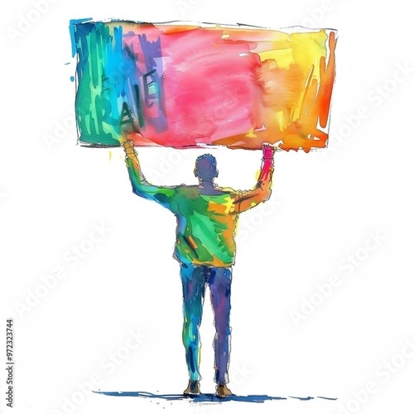 Fototapeta Man holding banner, public meeting democratic protest. Watercolor illustration.