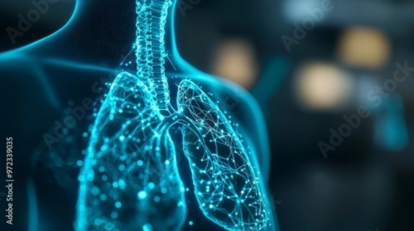 Obraz Holographic Human Anatomy, a striking silhouette of a body with illuminated lungs and neural connections, embodying the future of biotechnology against a dark backdrop.