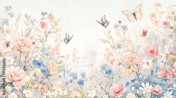 Fototapeta A soft watercolor illustration depicting a vibrant floral garden filled with roses, bluebells, and butterflies fluttering amidst the colorful blooms, creating a tranquil and enchanting scene.