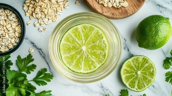 Fototapeta Fresh Lime Slice with Oats and Parsley on Marble Surface