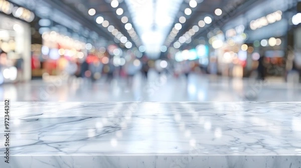 Fototapeta Blurred indoor space with a polished marble counter in focus.