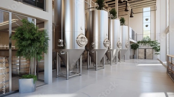 Fototapeta A modern brewery with transparent fermentation tanks and holographic tasting rooms, crafting unique flavors