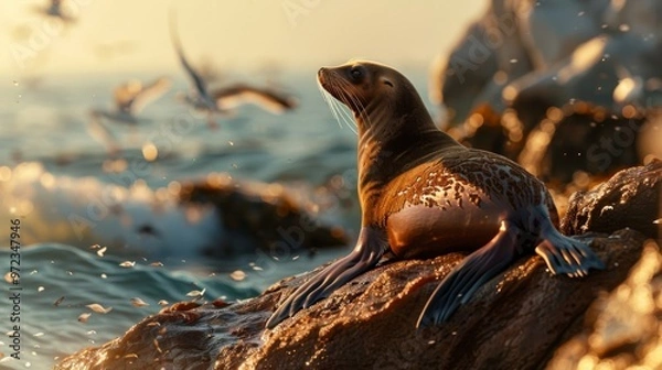 Fototapeta A seal relaxes on a rocky shore, basking in sunlight, with waves gently crashing nearby and birds flying overhead in a serene scene.