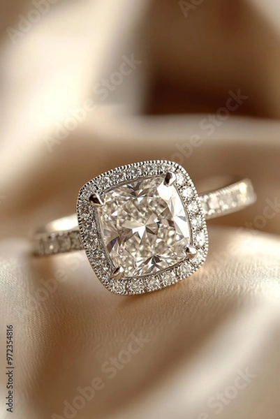 Obraz A close-up of a stunning diamond engagement ring with a cushion cut, displayed prominently against a sophisticated backdrop