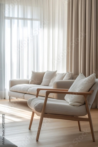 Fototapeta A Japandi-style spacious living room exudes an eco-friendly Scandinavian charm, blending minimalist design with natural elements