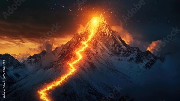 Fototapeta A glowing path of fire climbs a snow-capped mountain peak under a starry night sky.