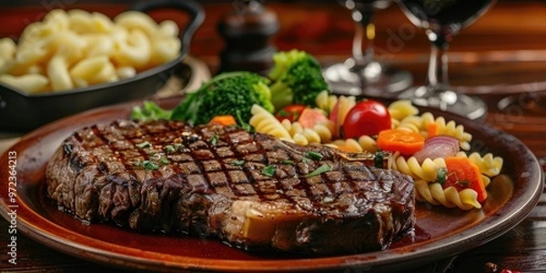 Fototapeta Ribeye Steak Accompanied by Vegetables and Pasta Paired with Red Wine