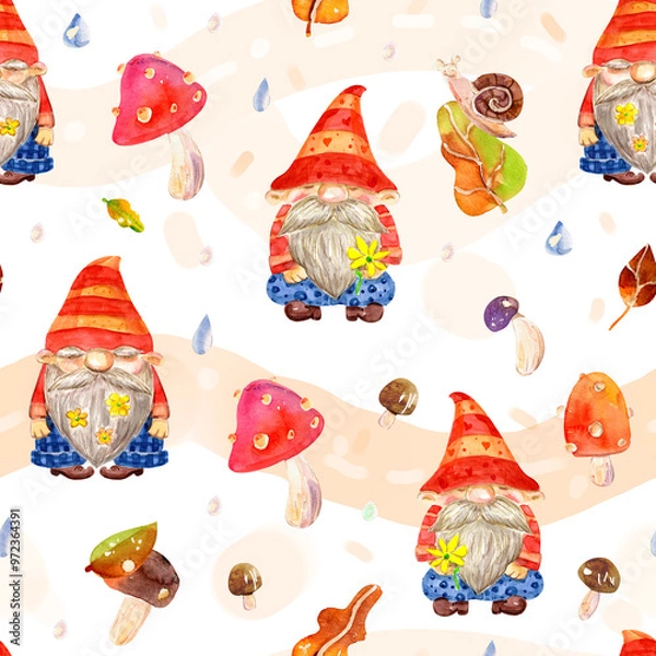 Fototapeta Seamless watercolor pattern with cute gnomes and mushrooms on a white background.
