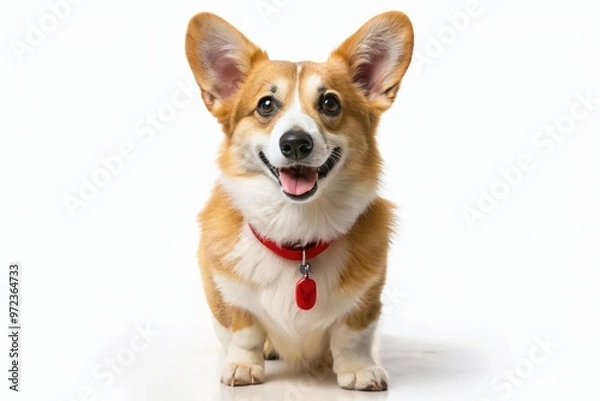 Fototapeta Adorable hand-drawn cartoon corgi standing on hind legs, wearing a bright red collar with a shiny name tag,