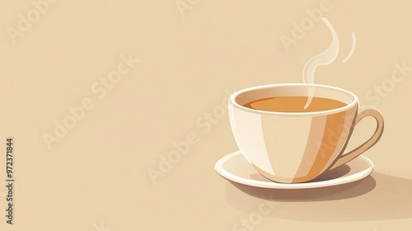 Fototapeta A steaming cup of coffee on a saucer against a light brown background.