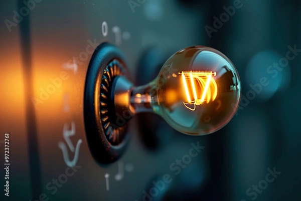 Fototapeta A light bulb is lit up and is on a wall.,